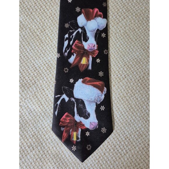 Ralph Marlin Vintage 1992 Novelty Tie Christmas Design Santa Hat Cows Black - Picture 3 of 6